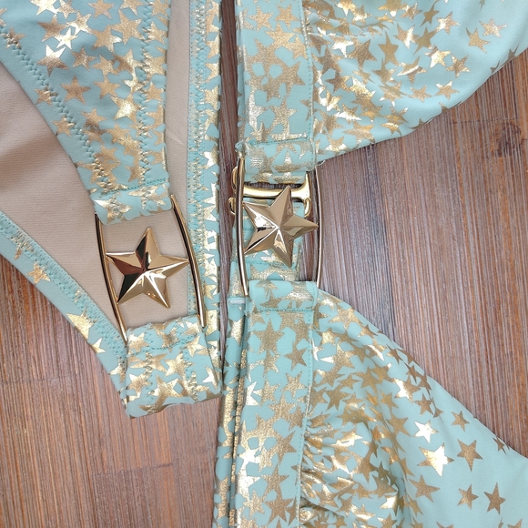 Vintage Y2K Victorias Secret Swim Suit MED/LG Bikini Set Turquoise Gold Star - Picture 3 of 6